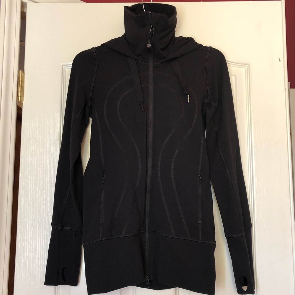 Lululemon zip-up black hooded jacket. Size 4.